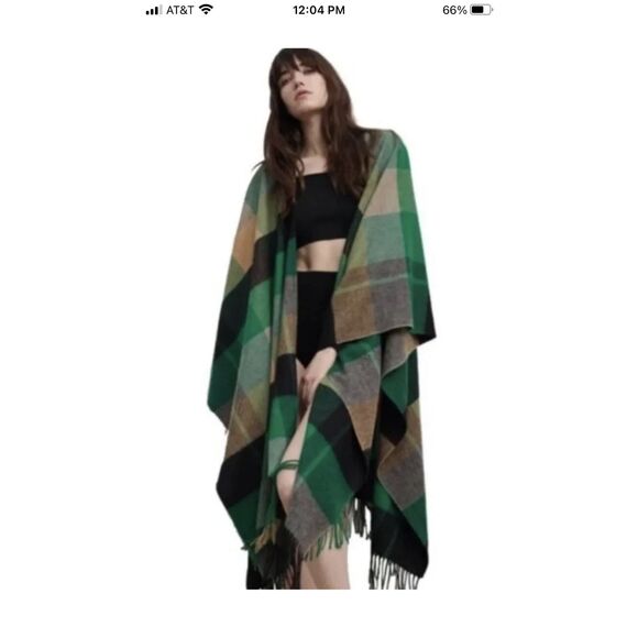 Zara Wool Blend Fringed Green Multi-Color Plaid Cape Poncho Shawl Size M - Picture 1 of 8